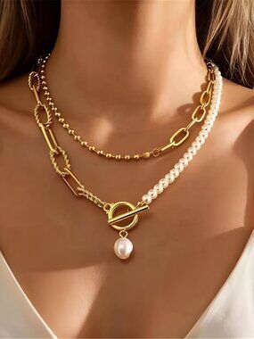 Gold Layered Pearl Chain Necklace for Women, 14K Gold Plated Pearl Link Toggle